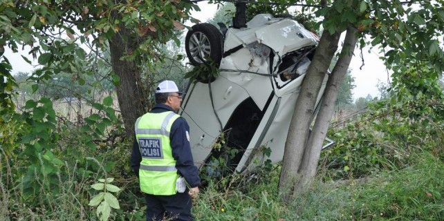 Bursa'da otomobil ağaçta asılı kaldı