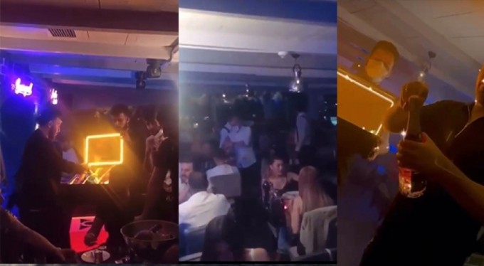 Kısıtlamada otel terasında meşaleli doğum günü partisi kamerada