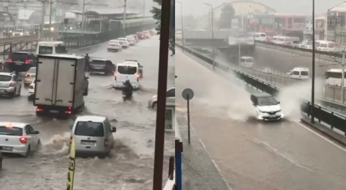 Bursa'da sağanak yağış yolları göle çevirdi