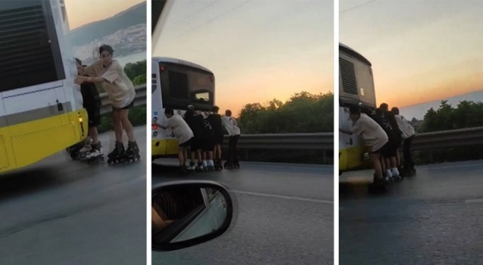 Bursa'da gençlerin patenle tehlikeli yolculuğu