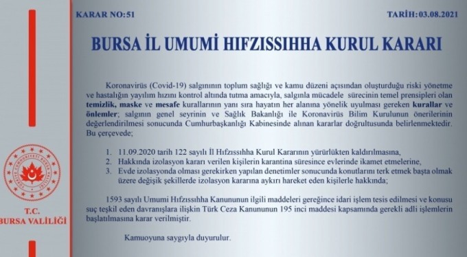 Bursa Valiliği'nden İl Hıfzıssıhha Kurulu açıklaması