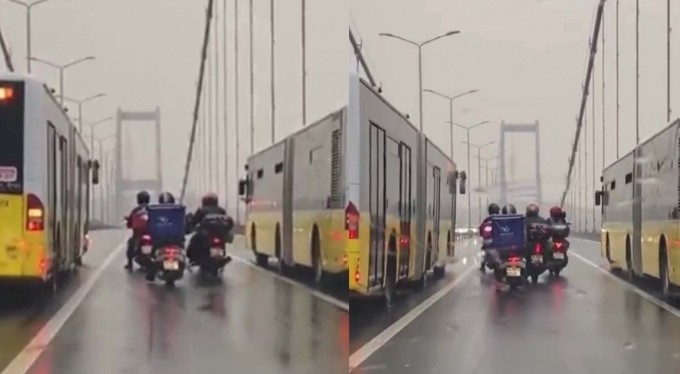 15 Temmuz Şehitler Köprüsü'nde motokuryelerin rüzgarla imtihanı