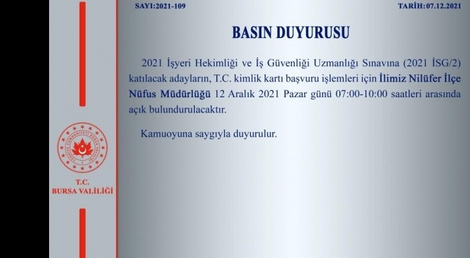 Bursa'da Nilüfer İlçe Nüfus Müdürlüğü pazar günü de hizmet verecek