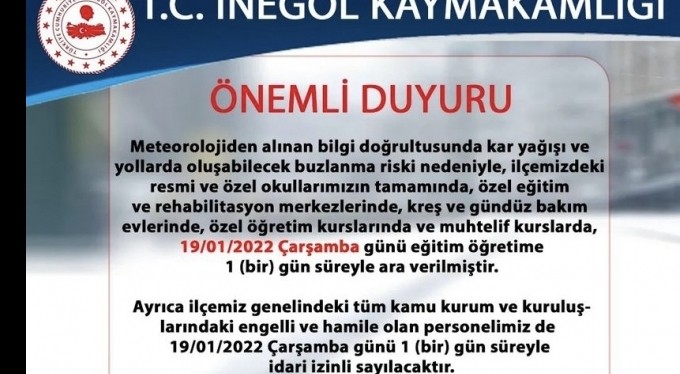 İnegöl'de eğitime kar engeli