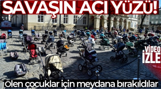 Lviv'de Rus saldırılarında ölen çocuklar için meydana 109 bebek arabası bırakıldı