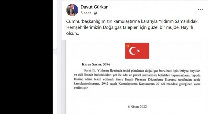 Yıldırım Samanlı Mahallesi'ne doğalgaz müjdesi