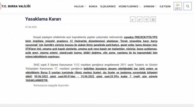 Bursa Valiliğinden yasaklama kararı