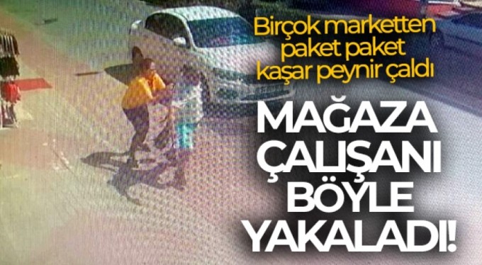 Kaşarları çalıp koşarken engel olmak isteyen mağaza çalışanı kadını sürükledi