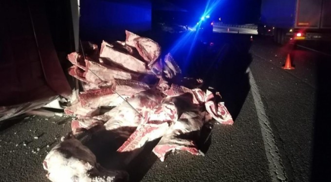 Bursa'da tır devrildi, tonlarca et yola saçıldı