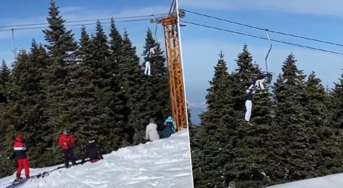 Uludağ'da kayakçının zor anları! Telesiyejde böyle asılı kaldı