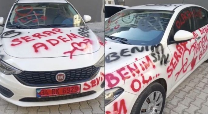 Arabayı aşk duvarına çeviren saplantılı aşık! Lastiklerini patlattığı aracı...