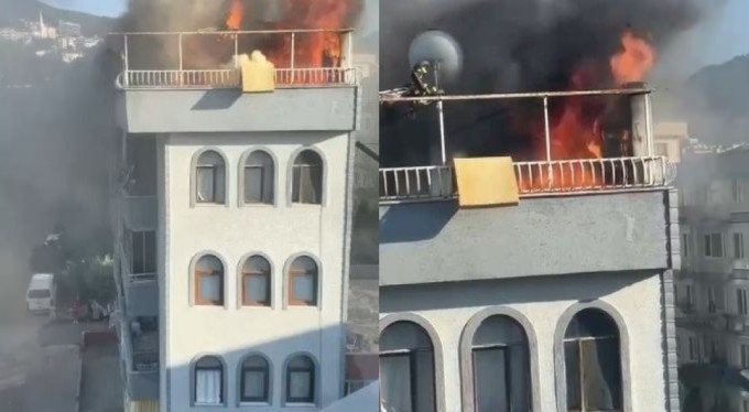 Bursa'da 5 katlı binanın çatısı alev alev yandı