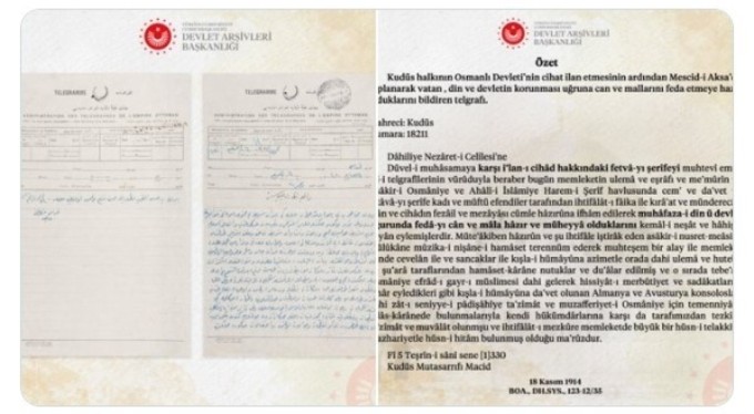 Filistinlilerin 1. Dünya Savaşı'na Osmanlı'ya gönderdiği 'destek' telgrafı ortaya çıktı