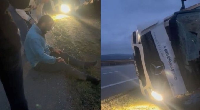 Bursa'da kontrolden çıkan tır yan yattı!