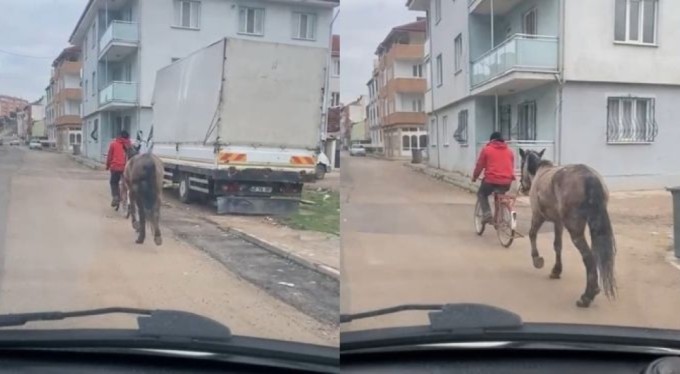 Bursa'da atı bisikletine bağlayarak götürdü!