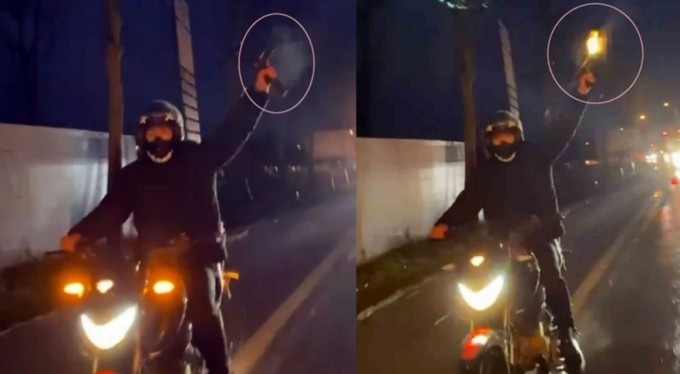 'Pes' dedirten görüntü! Seyir halindeki motosikletten havaya ateş açtı