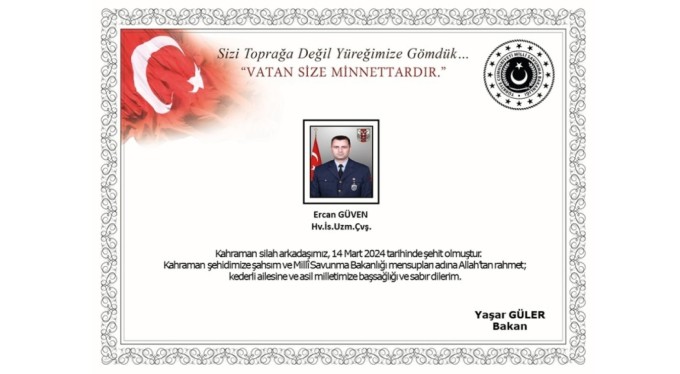MSB'den Şehit Ercan Güven için başsağlığı mesajı