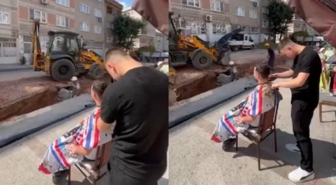 Bursa'da tıraş olurken yol yapım çalışmasını izledi, gören bir daha baktı