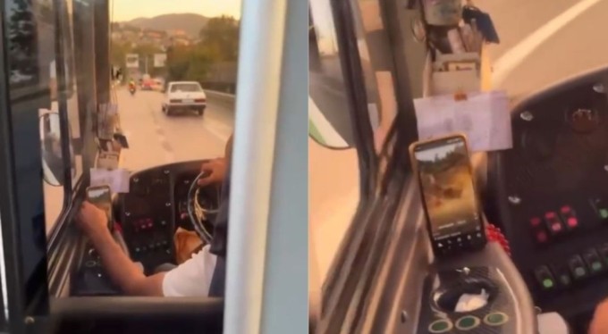 Bursa'da otobüs şoförü direksiyon başında video izledi