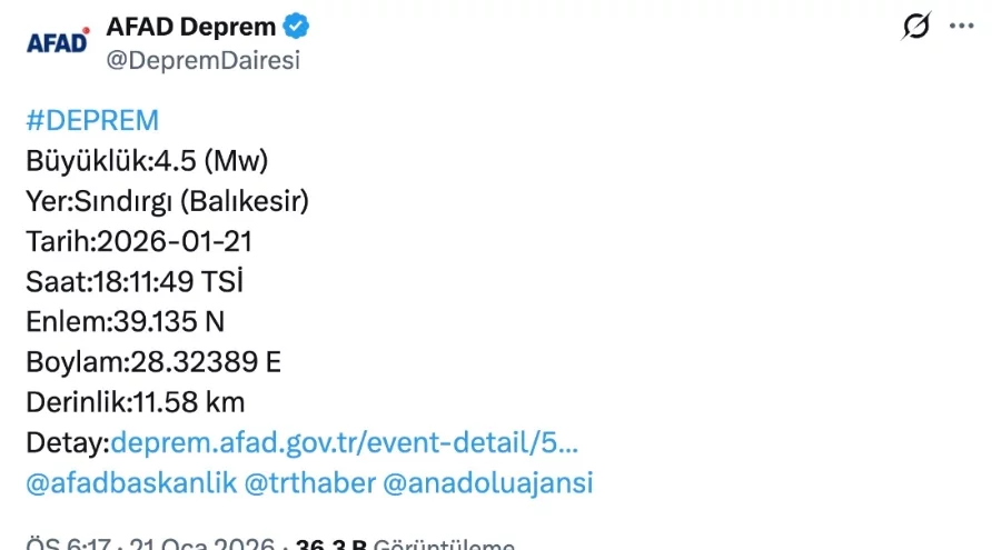 Sındırgı'daki 4.5'lik deprem Bursa'da da hissedildi