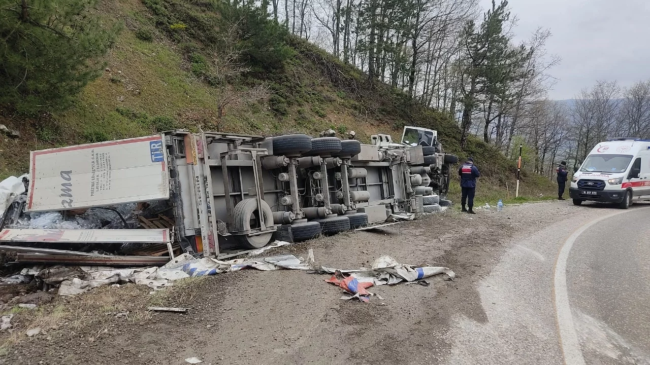 Bursa'da freni patlayan tır devrildi: Sürücü yaralandı