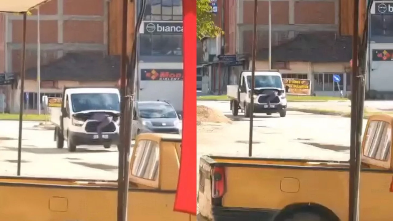 Bursa'da kamyonetin motorunda tehlikeli yolculuk kamerada