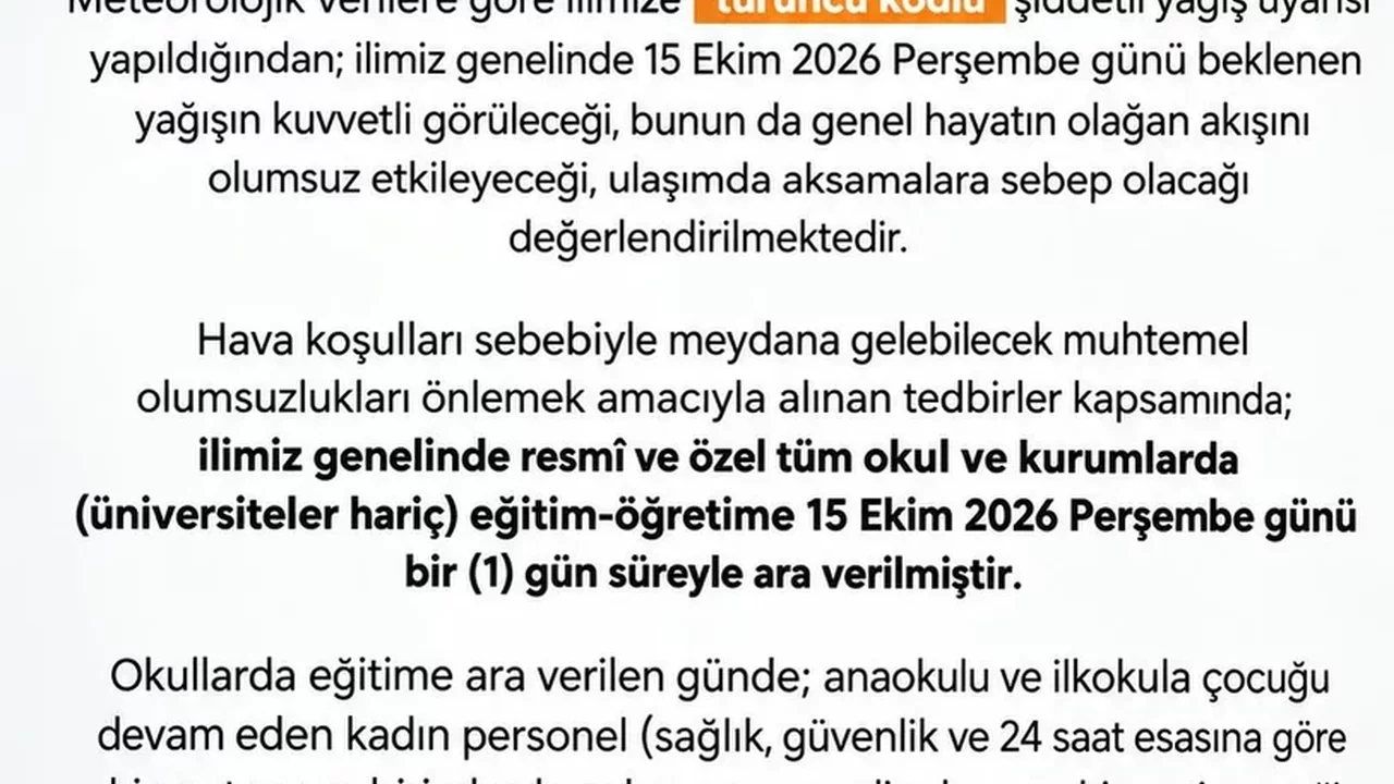 Sakarya’da okullar 15 Ekim’de tatil: Üniversiteler hariç