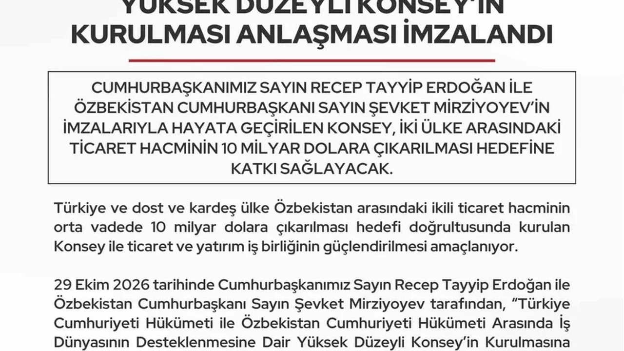 Türkiye-Özbekistan ticaretinde 10 milyar dolar hedefi için konsey